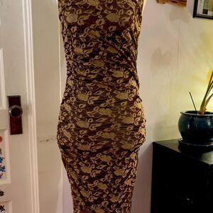 Free People Brown and Gold Floral Bodycon Stretch Midi Dress Size M